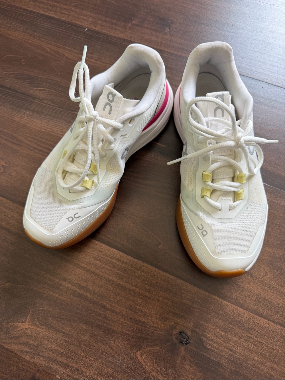 On Running Women's White Sneakers with Pink and Gum Accents